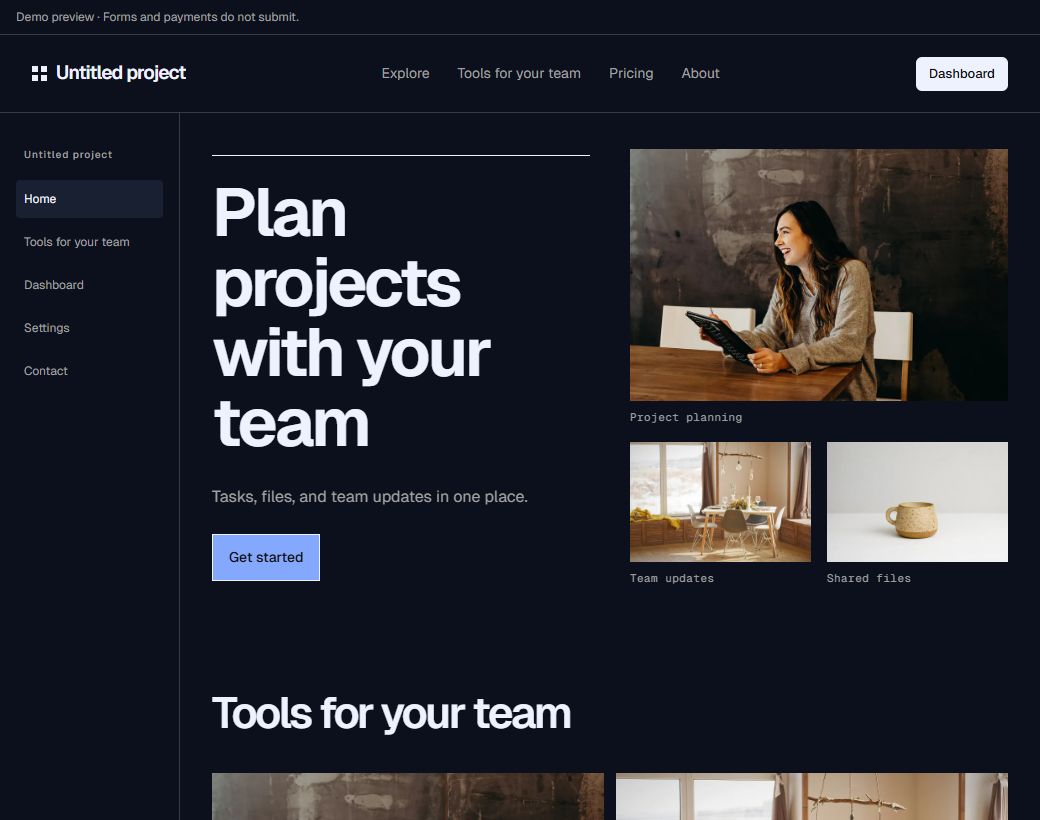 Industrial website design with a sidebar layout and Moonlight palette